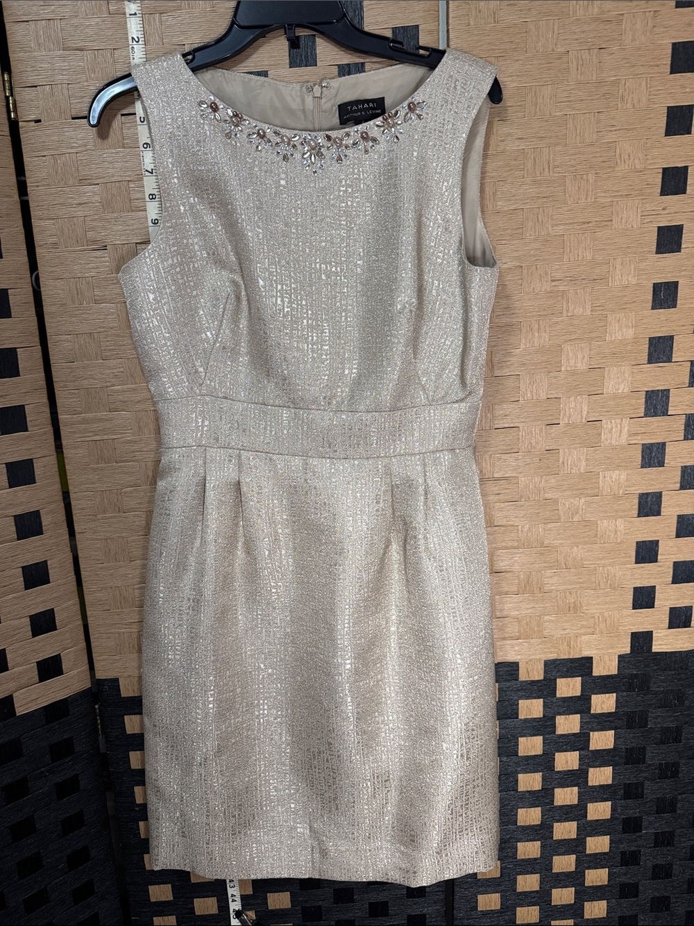 Tahari Silver Jewel-Neck Sleeveless Sheath Dress